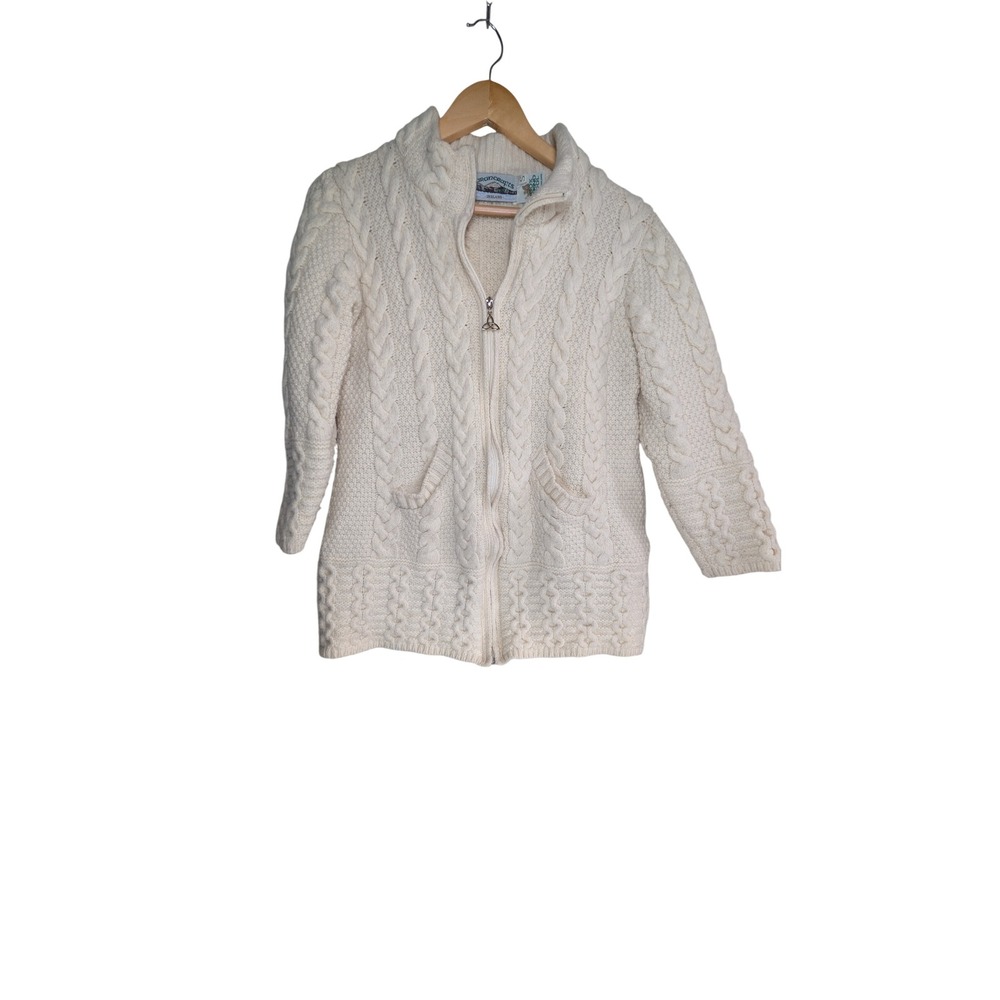 Aran Crafts Ireland‎ Womens Small Merino Wool Cable Knit Zip Cardigan Sweater